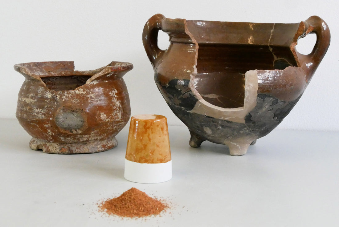 Archaeological ceramic vessels, crushed fragments and a material sample from Future Unearthed