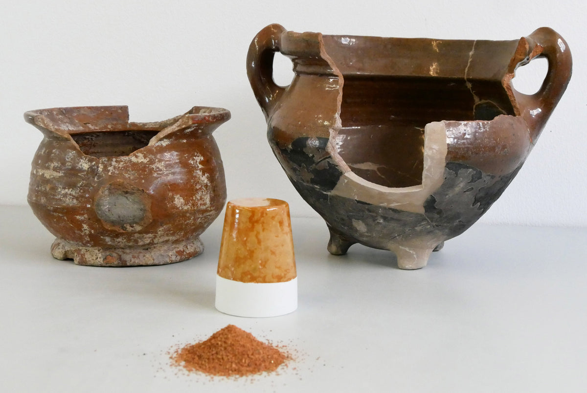 Archaeological ceramic vessels, crushed fragments and a material sample from Future Unearthed