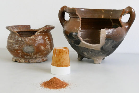 Archaeological ceramic vessels, crushed fragments and a material sample from Future Unearthed