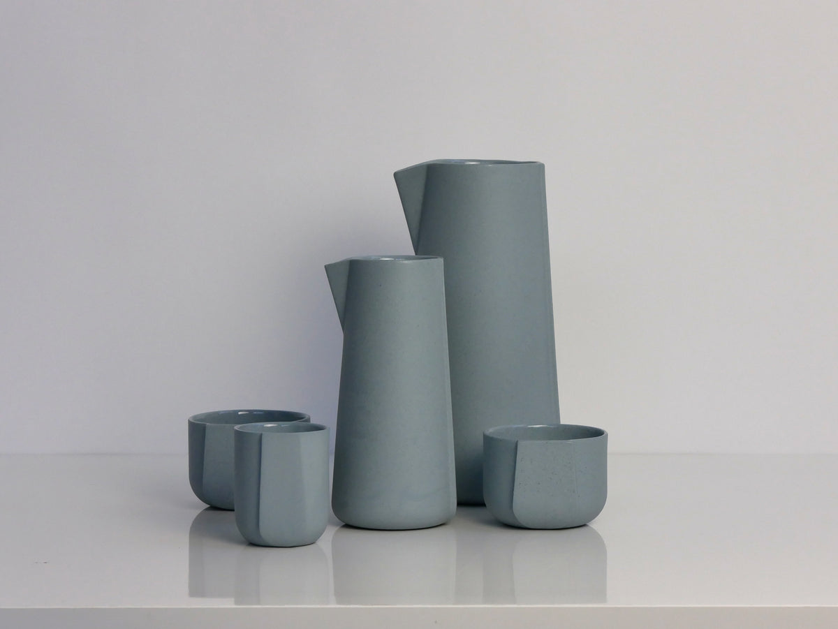 Table Talks jugs, cups and bowls in Blue Speckle, handcrafted in Rotterdam